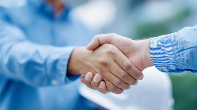 Architects shaking hands over blueprints, smart infrastructure partnerships, engineering innovation in project agreements, construction technology collaboration, sustainable design