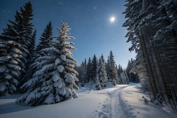 Snow covered trees and path under the moonlight in a winter wonderland
