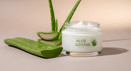 Natural Aloe Vera Skincare Cream in a Glass Jar with Fresh Aloe Leaves on a Soft Background, Highlighting Organic Beauty and Soothing Properties for Healthy Skin