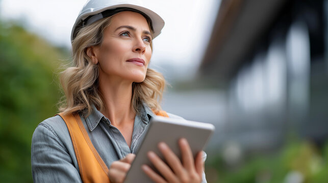 Female engineer with tablet on-site in safety gear, smart infrastructure project management, engineering innovation in digital tools, construction technology efficiency, sustainabl - Powered by Adobe