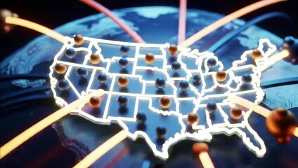 stop motion animation United States Network Map: A futuristic digital map of the USA,  by a network of glowing connections representing people across the country.   symbolizes connectivity. - Powered by Adobe