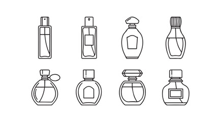 Set of eight elegant perfume bottles in a simple line art style vector © Tanvir