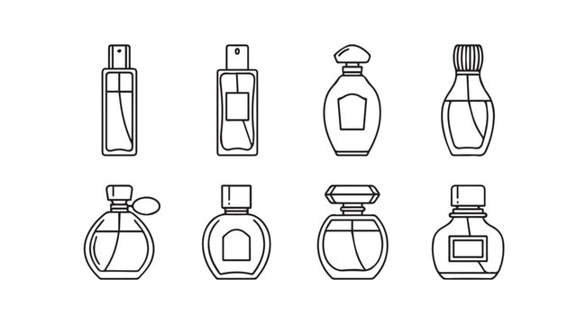 Set of eight elegant perfume bottles in a simple line art style vector
