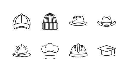 Collection of diverse headwear icons featuring hats caps beanies helmets and graduation cap vector