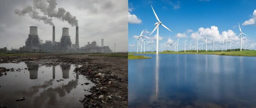 A powerful split-screen animation showing the transformation from a polluted landscape to a clean, healthy one. A strong message of hope and environmental action.