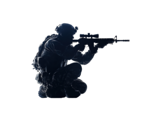 Silhouette Of Armed Soldier In Tactical Gear. Military Readiness And Combat Strategy. Isolated On Transparent Background