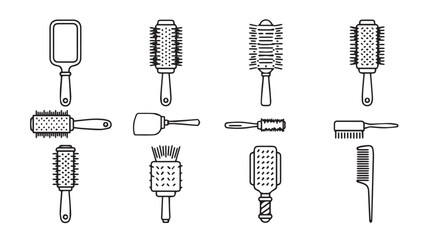 Collection of various hair brushes and styling tools in line art for hairdressing and beauty vector