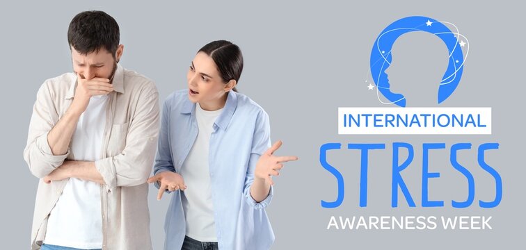 Young woman quarreling with her husband on grey background. International Stress Awareness Week