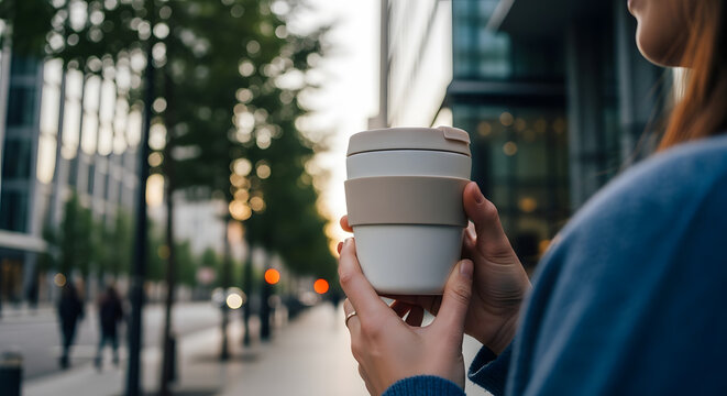A person holds a reusable, eco-friendly coffee cup while commuting through a modern city, promoting a sustainable lifestyle