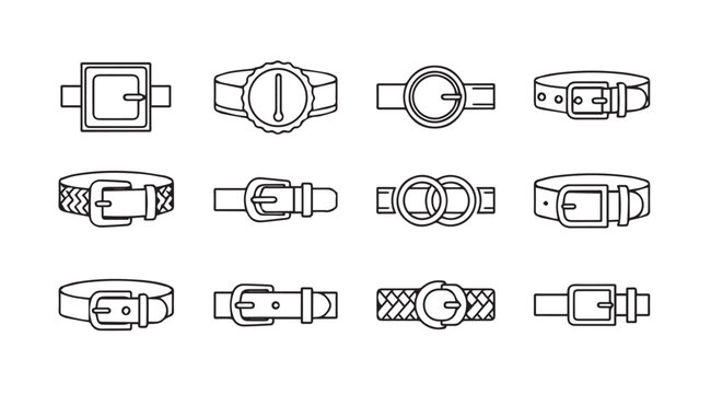 Collection of twelve diverse belt styles and buckles hand-drawn outline graphics vector