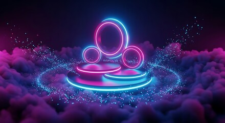 Neon platform with glowing circles surrounded by clouds and sparkling lights in a dark environment