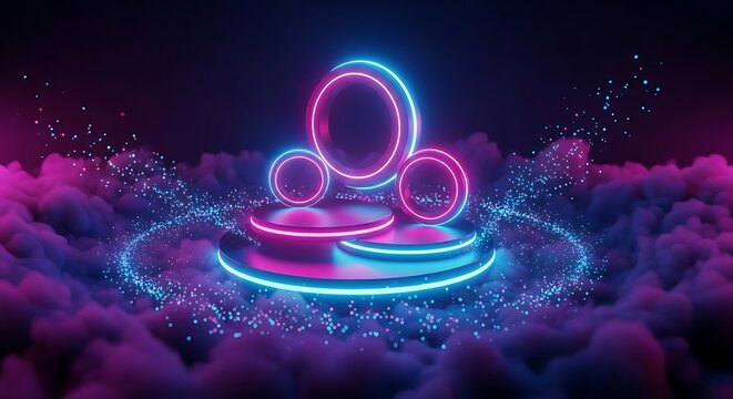 Neon platform with glowing circles surrounded by clouds and sparkling lights in a dark environment - Powered by Adobe