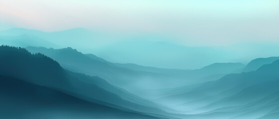 Layered mountain landscape with atmospheric blue gradients and misty ridges. Soft light and fading silhouettes evoke a tranquil, dreamlike ambiance