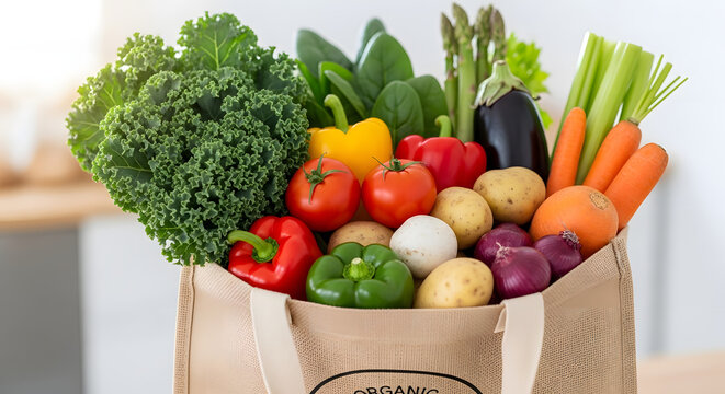 A full reusable shopping bag filled with fresh, vibrant vegetables, including kale, peppers, tomatoes, eggplant, and carrots, ready for healthy meals