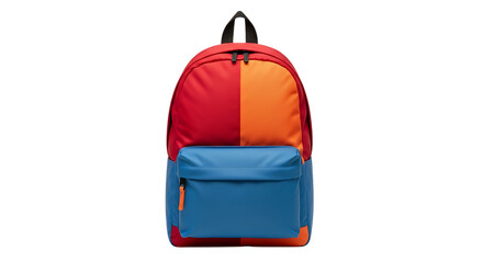 Color blocked backpack, with red orange and blue panels and front pocket, isolated on white or transparent background, AI