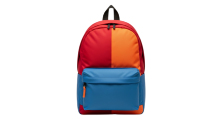 Color blocked backpack, with red orange and blue panels and front pocket, isolated on white or transparent background, AI