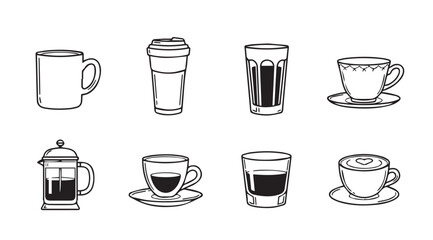 Collection of coffee and tea beverage cups and mugs hand drawn sketch style icons vector