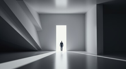 Man in suit walking towards a bright illuminated doorway in a minimalist abstract hallway