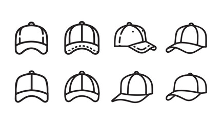 Collection of baseball cap icons representing diverse styles and perspectives vector