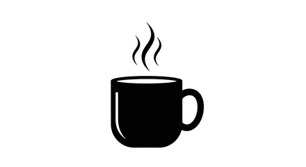 Simple black silhouette icon of a steaming hot coffee mug or tea cup. A minimalist vector graphic symbol representing a warm beverage for a cafe, menu, or break time concept