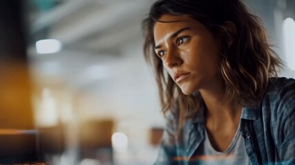 Focused young woman coding with digital interface, reflecting innovation and technology - Powered by Adobe