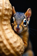 Obraz premium Squirrel peeking out from behind a peanut A close up of a squirrel s face peeking out from behind a large, whole peanut. Only its bright, curious eyes and the tip of its nose are visible. The peanut