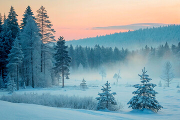Obraz premium Misty winter landscape of a snow-covered forest with pine trees at sunrise. Serene and tranquil nature scene, perfect for travel or background use.