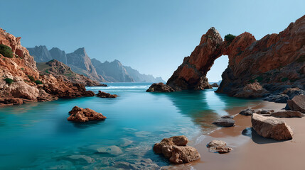 Stunning peaceful coastal landscape featuring clear turquoise ocean water, golden sandy beach, and majestic natural rock arch formations