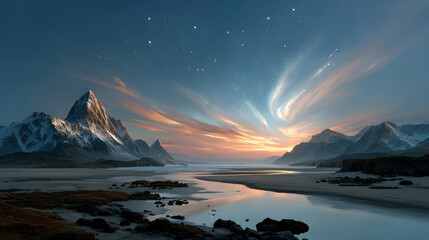 Majestic mountain landscape with snow and winding river under vibrant aurora sky. serene nature scene, peaceful and awe inspiring