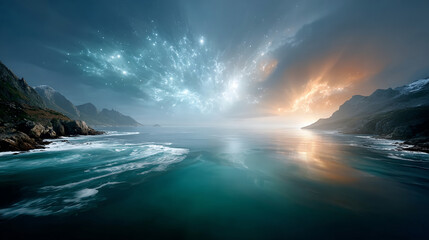 Dramatic ocean landscape with majestic mountain peaks vibrant sky. Cloud formations merge with soft mist, and tranquil water beautifully reflects