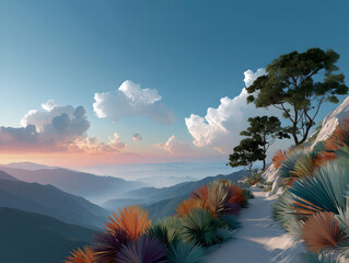 Serene mountain landscape path winds through colorful foliage, offering majestic view of distant peaks vibrant sunrise sky. peaceful journey