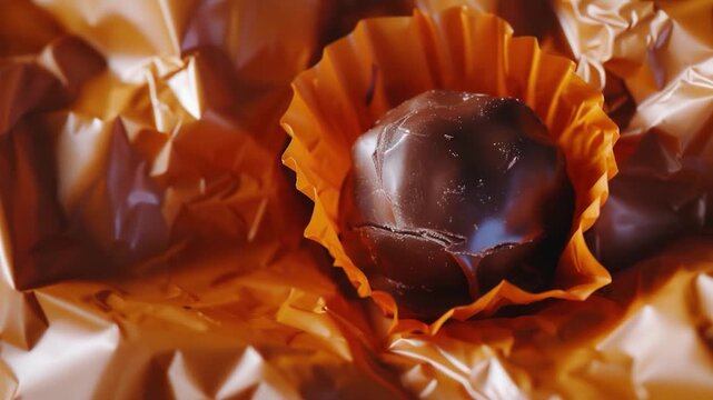 A single piece of candy covered in melted chocolate, sitting in its original wrapper