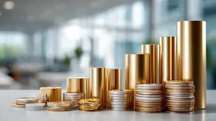 Golden and silver coin stacks show impressive business financial growth. Investment brings wealth and prosperity, representing confidence