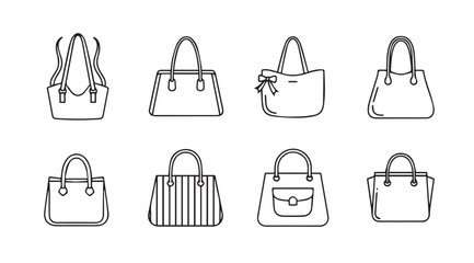 Collection of eight diverse hand-drawn style women's handbags for fashion accessory design vector