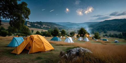 Adventurous night camping vast open field, surrounded by mountains clear sky filled with twinkling stars. campsite offers tranquil escape