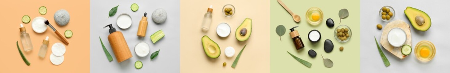 Collage of natural cosmetics with ingredients on color background, top view