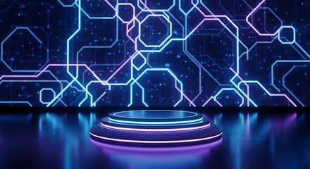 Futuristic platform with neon lights and circuit board background for product presentation or display