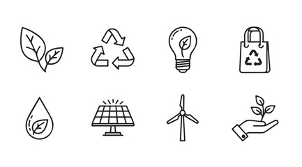 Hand drawn eco icons representing sustainability renewable energy and green living concepts vector