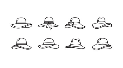 Collection of eight diverse hand-drawn summer hats for women in a sketch art style vector