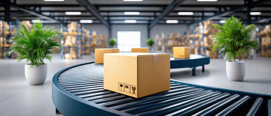 Logistics storage solutions modern warehouse conveyor with cardboard package plants and shelving creating efficient organized supply chain workflow