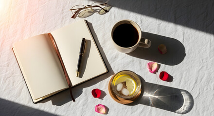 Sunny morning flat lay with coffee notebook pen glasses and lemon water on white fabric