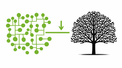 Abstract network evolving into organic tree shape, symbol of data growth, connection and sustainability, minimalist green and black vector on white background