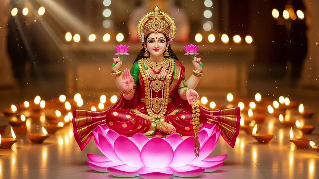 Goddess Lakshmi Seated on Lotus Amidst Golden Diyas, Richly Adorned In Red Saree