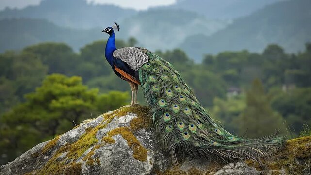 A magnificent, colorful bird with an elaborate, fanned tail stands gracefully atop a large, moss-covered rock in a serene natural environment. The bird's iridescent plumage and striking tail feathers,