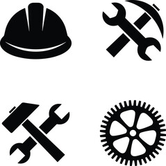 Set of four black icons representing construction helmet, tools, gear, and mechanical symbols, ideal for engineering and industrial design