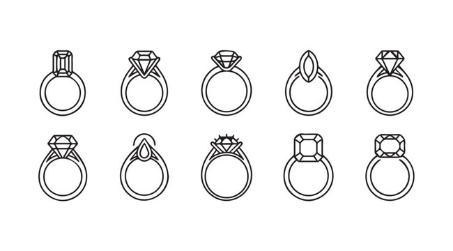 Collection of ten unique engagement rings in a line showcasing diverse gemstone cuts and band styles vector