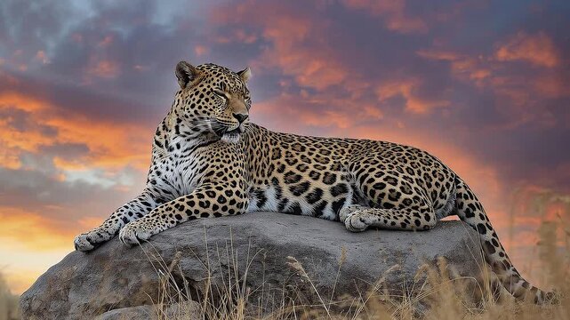 A majestic leopard, adorned with its distinctive spotted coat, rests gracefully atop a rugged rock formation, observing its surroundings during the golden hour. The powerful big cat's intense gaze is 