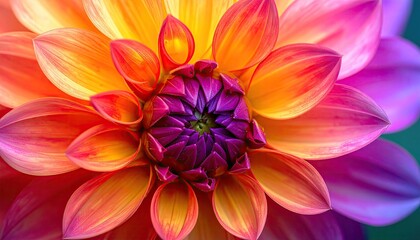 Fototapeta premium Vibrant Dahlia Blossom Macro with Orange Yellow Pink and Purple Petals Detail and Soft Focus