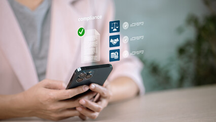 Compliance management on smartphone with digital checklist and legal icons, business regulation concept