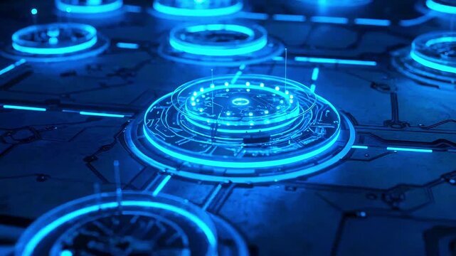 Glowing blue circular circuits with a technology motif on a textured dark surface. Futuristic rendering